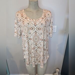 New Tunic Top Maurices Size 0x White Brown Rust Mosaic Short Sleeve Scoop Neck